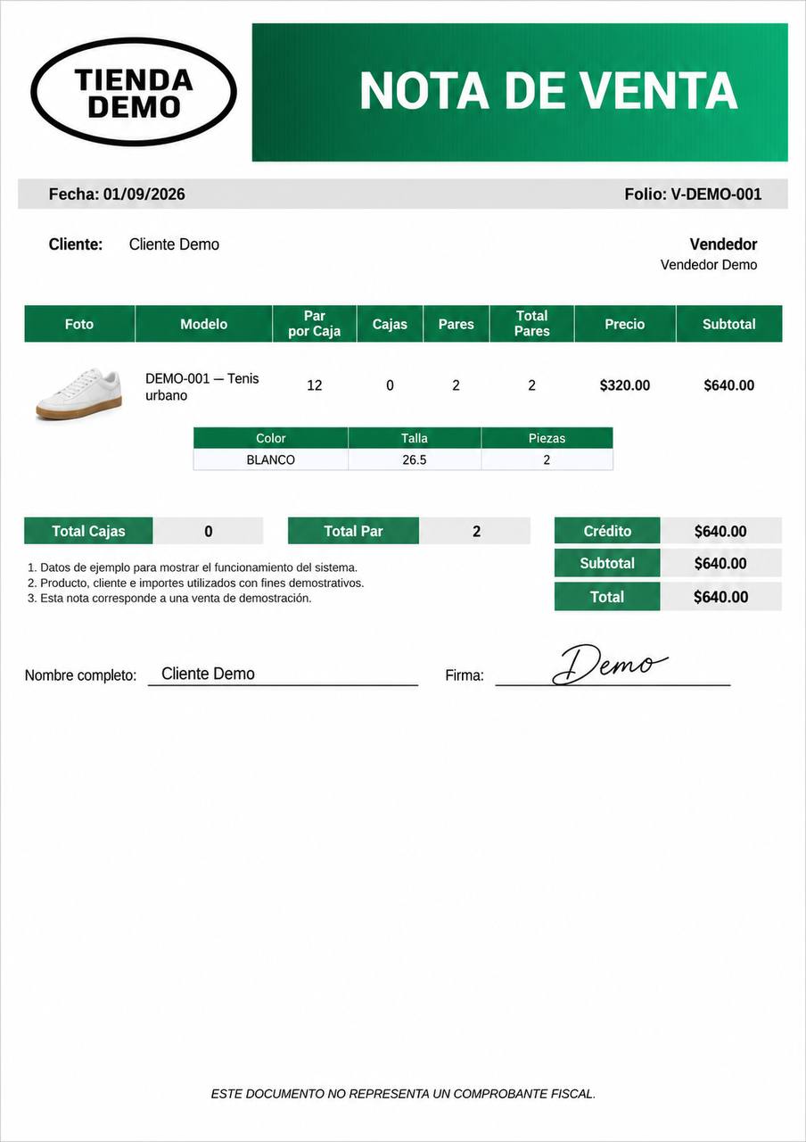 Nota de venta real con producto, color, talla, piezas y firma